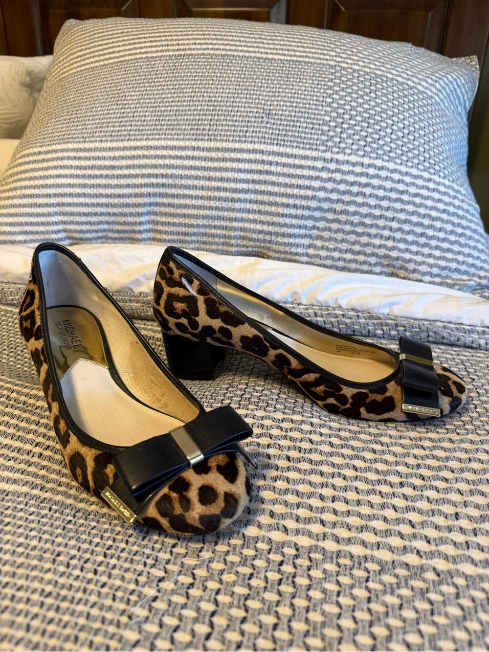 Michael Kors Leopard Print Block Heel Pumps with Black Bow